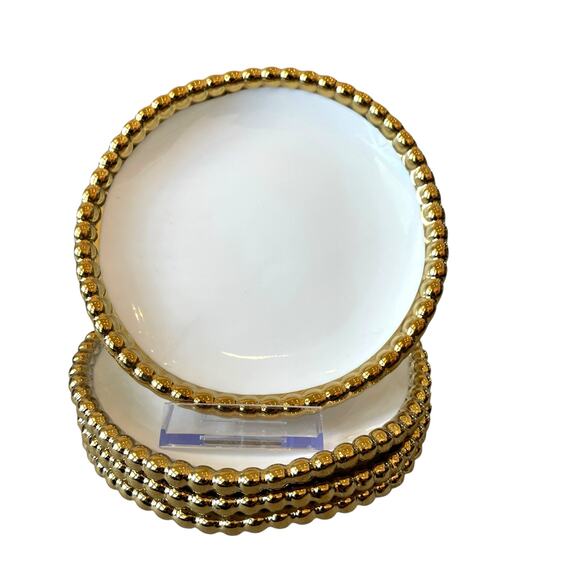 Baroque Ceramic Appetizer Plates 6in Gold Beaded Trim Set of 4 White New - Picture 10 of 11